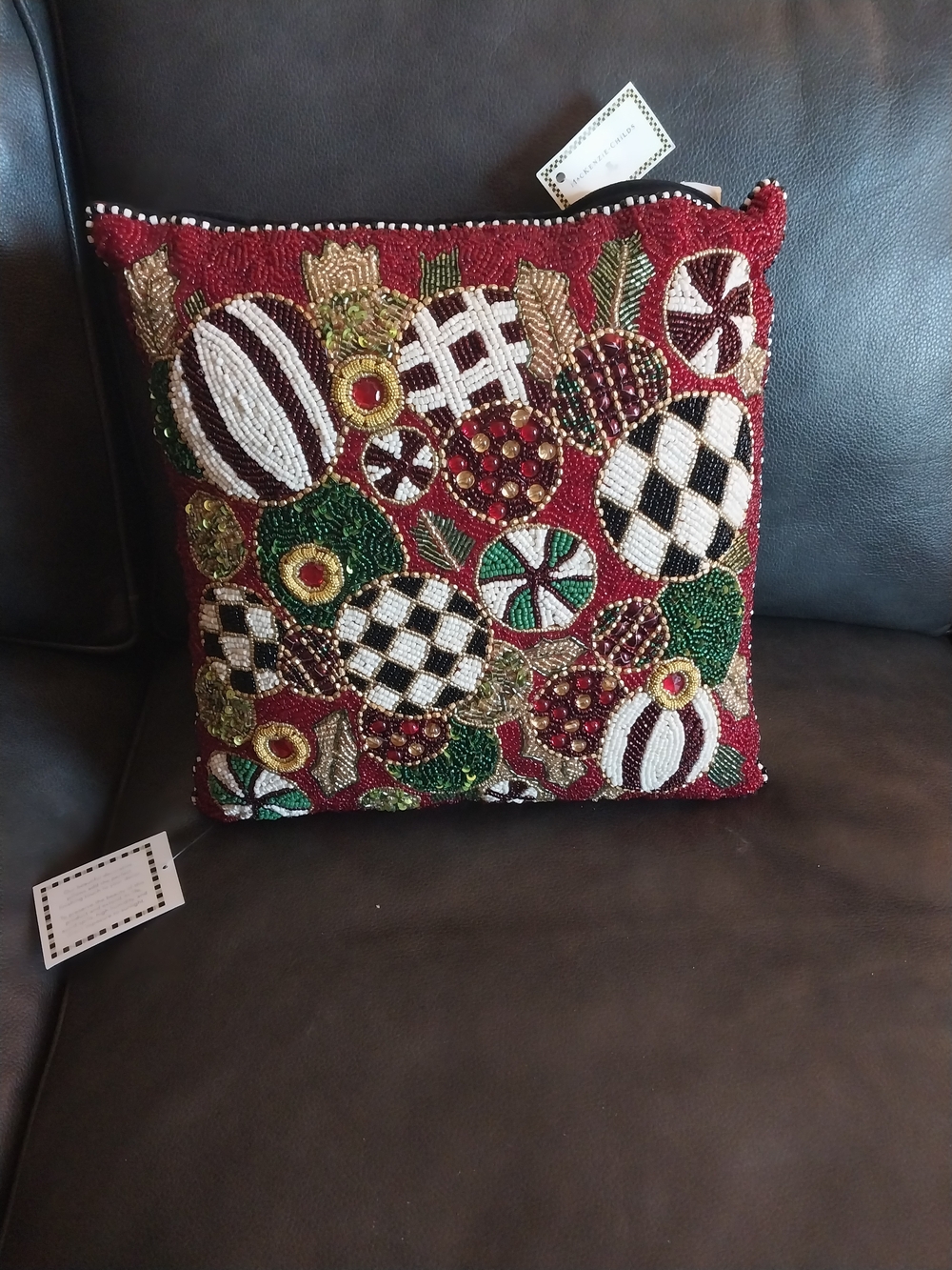 MacKenzie-Childs Red Beaded Holiday Ornament Accent Pillow